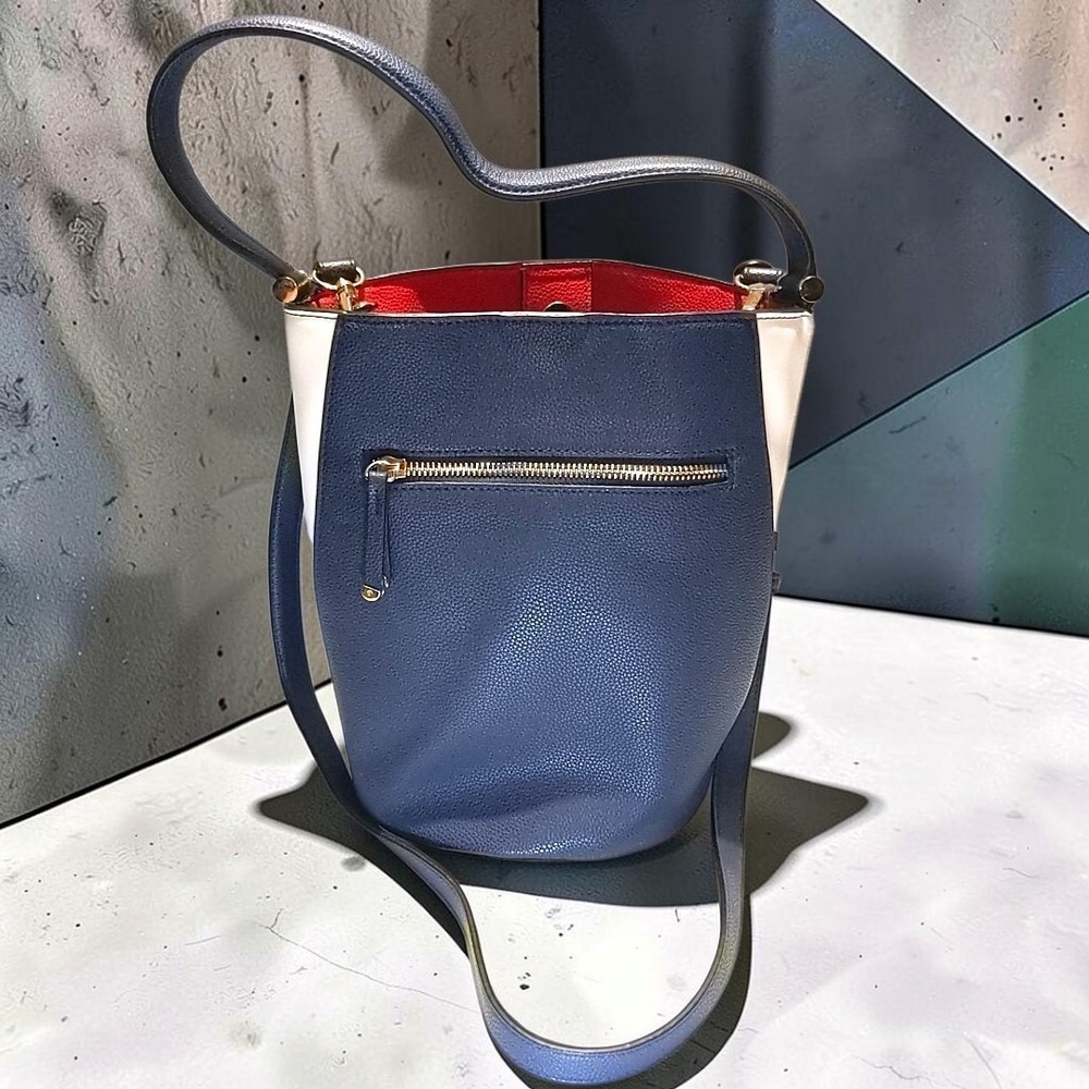Alfani Womens Colorblock Bucket Bag Navy Blue White Red Lining Crossbody Purse